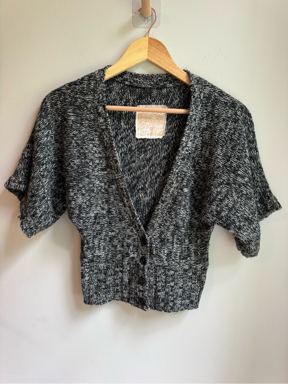 Love Rocks Marled Black & Charcoal Cropped V-Neck Cardigan Y2K